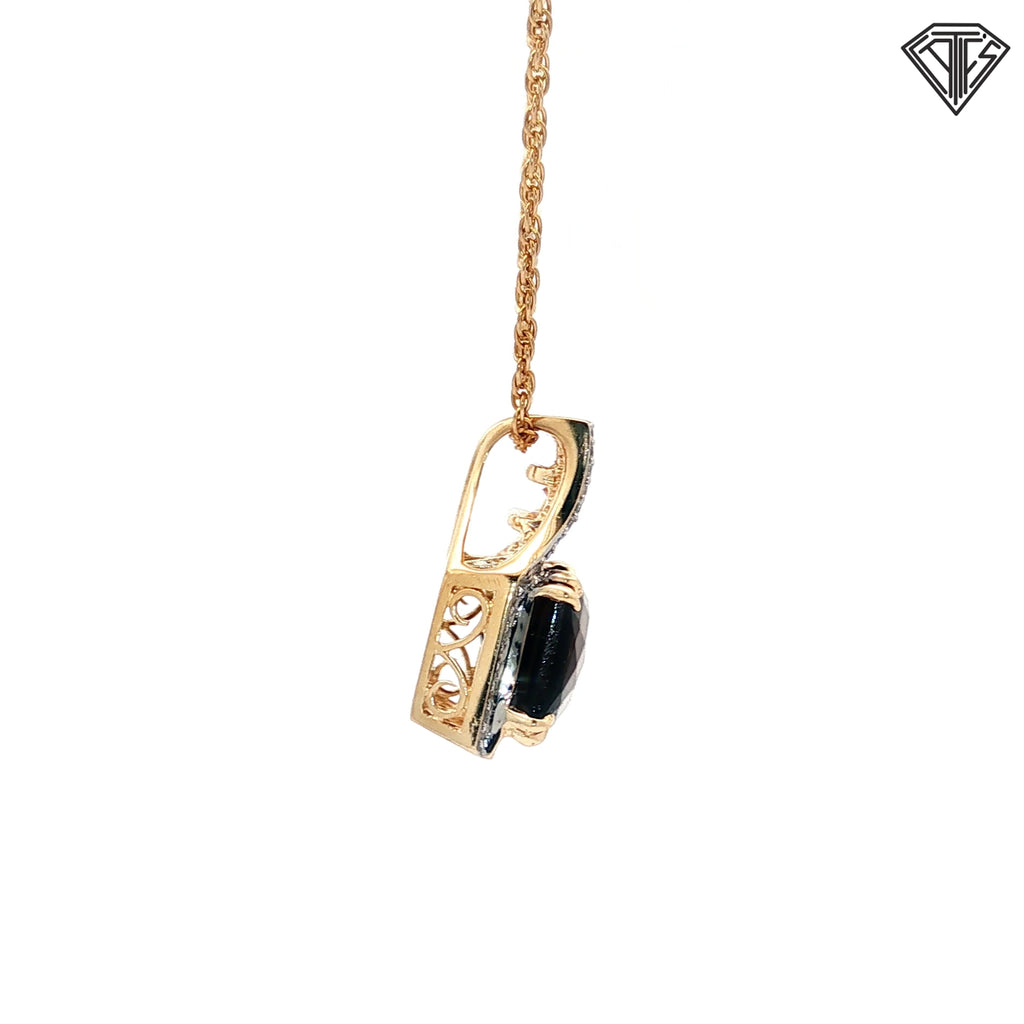 14k Yellow Gold 5.00ct Checker Board Cut Emerald Smokey Quartz / Banquette Citrine / Round Diamond Pendant  18"inch