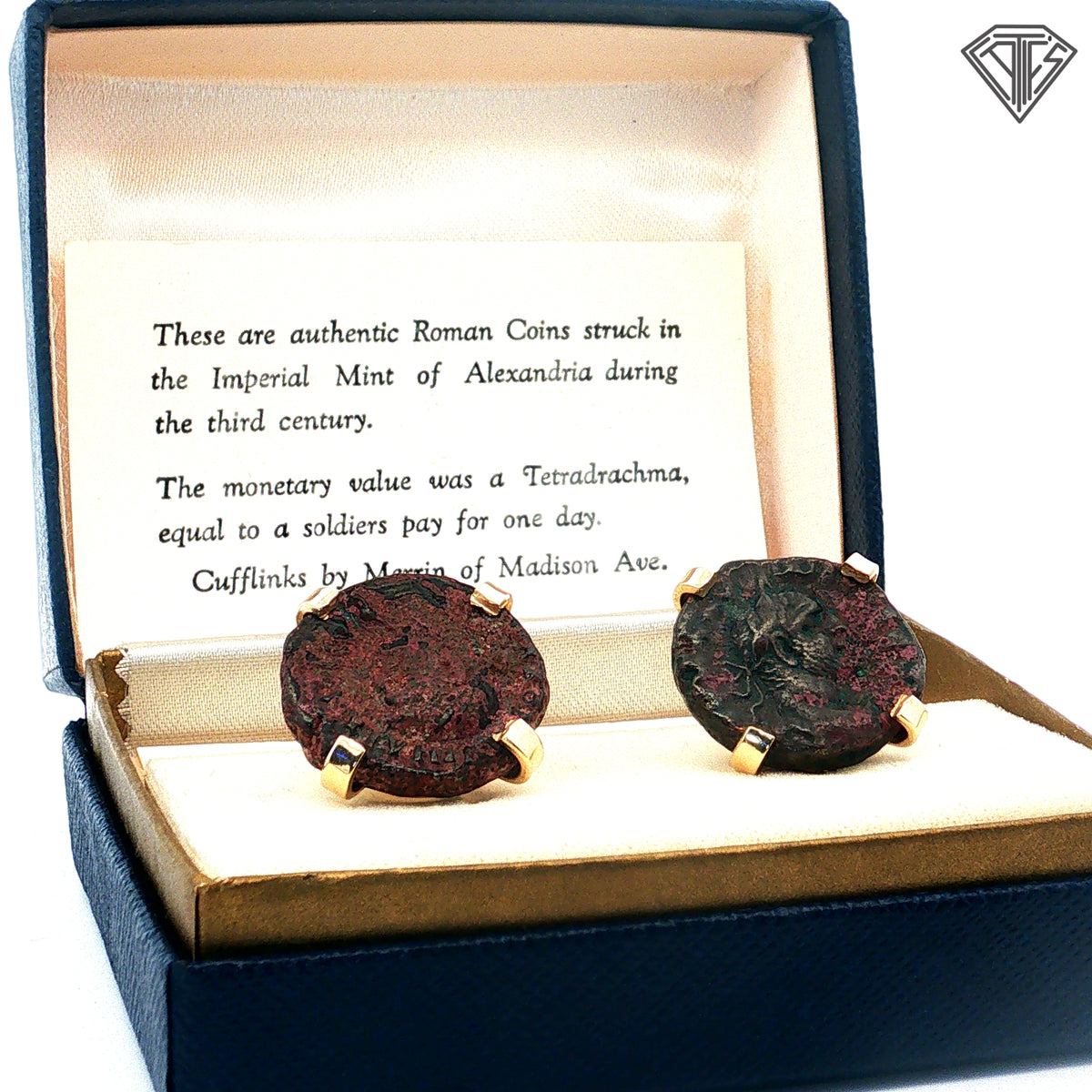 Pre-Owned Vintage Merrin 14k Yellow Gold Roman Coin Cufflinks/ Authentic 3rd Century Alexandrian Terr drachmae Swivel Style  28.1 Gram with  Box/Papers