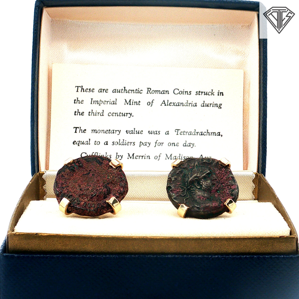 Pre-Owned Vintage Merrin 14k Yellow Gold Roman Coin Cufflinks/ Authentic 3rd Century Alexandrian Terr drachmae Swivel Style  28.1 Gram with  Box/Papers