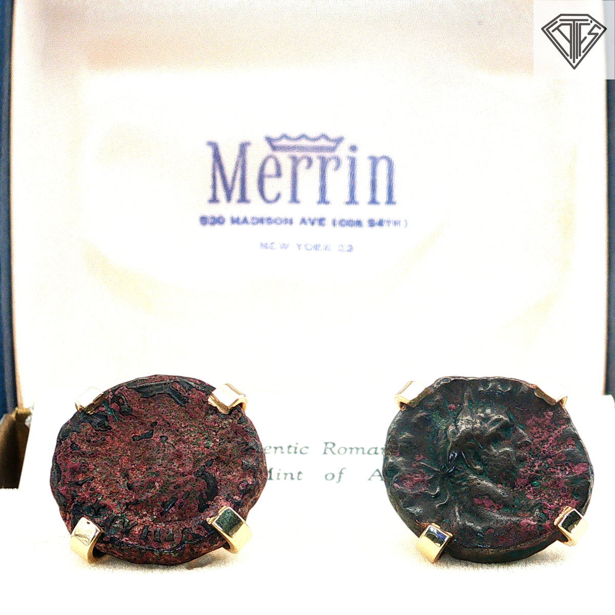 Pre-Owned Vintage Merrin 14k Yellow Gold Roman Coin Cufflinks/ Authentic 3rd Century Alexandrian Terr drachmae Swivel Style  28.1 Gram with  Box/Papers