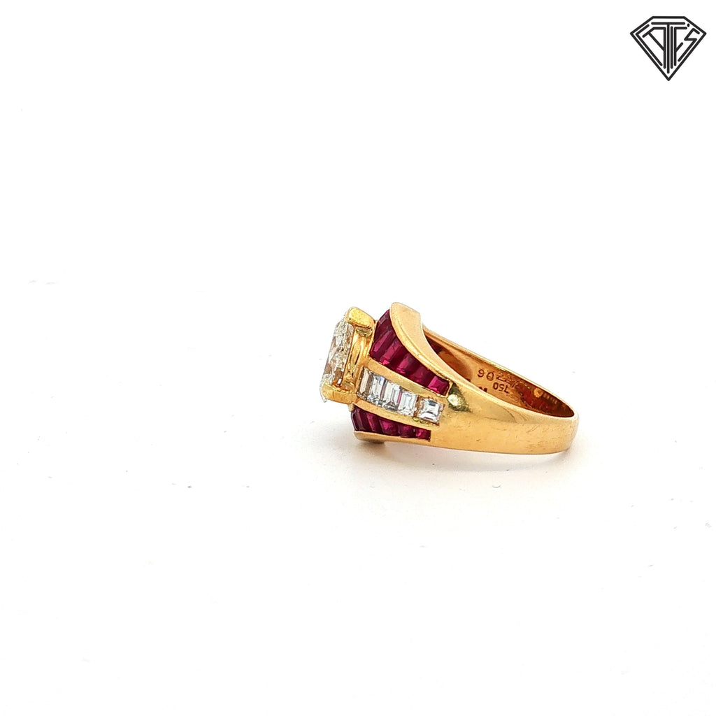 18k Yellow Gold 1.60ct I / I 1 Pear Shape Center / 1.50ct Ruby Princess Cut / .75ct G VS2 Baguette Diamond Vintage Bombe Ring  Size 6.5