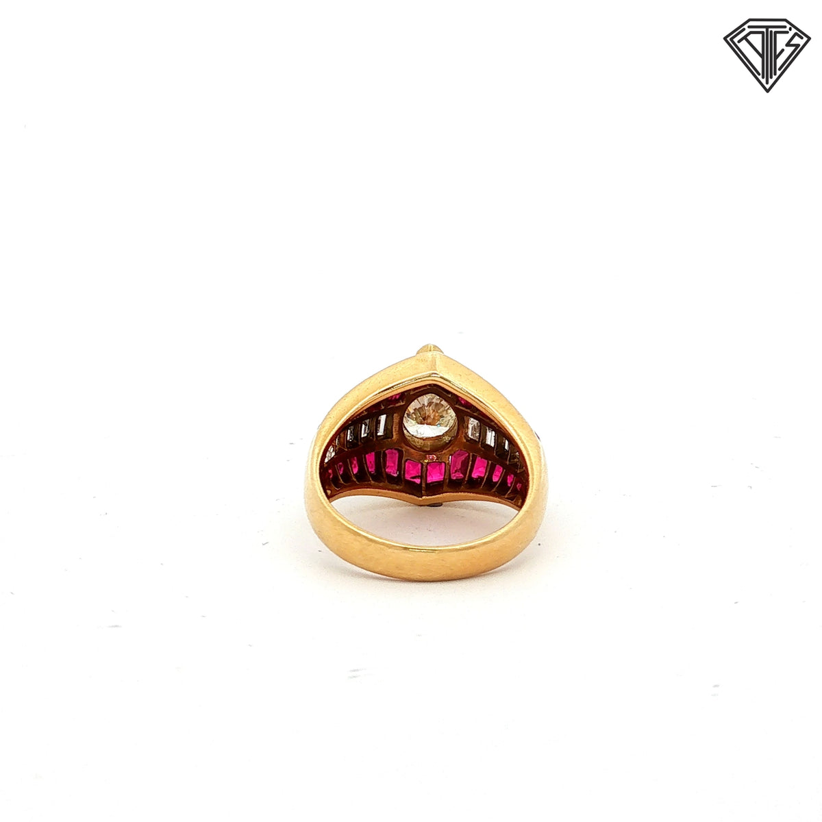 18k Yellow Gold 1.60ct I / I 1 Pear Shape Center / 1.50ct Ruby Princess Cut / .75ct G VS2 Baguette Diamond Vintage Bombe Ring  Size 6.5