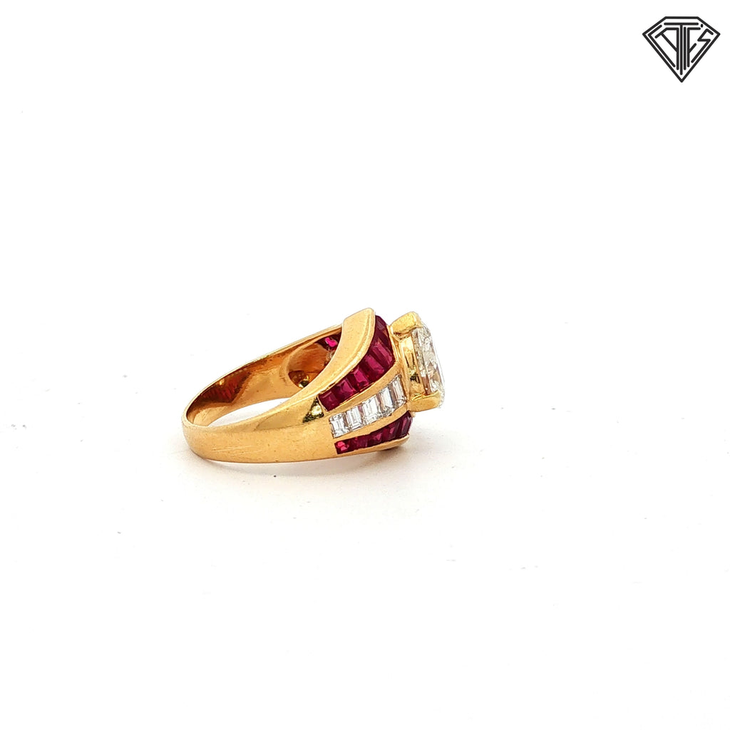 18k Yellow Gold 1.60ct I / I 1 Pear Shape Center / 1.50ct Ruby Princess Cut / .75ct G VS2 Baguette Diamond Vintage Bombe Ring  Size 6.5