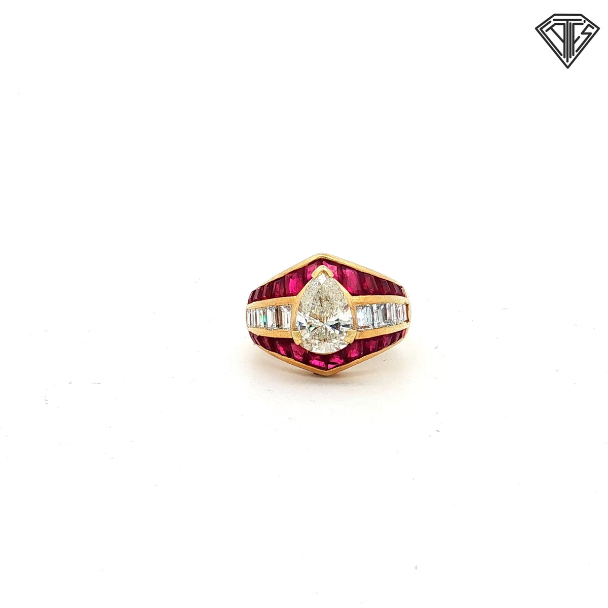 18k Yellow Gold 1.60ct I / I 1 Pear Shape Center / 1.50ct Ruby Princess Cut / .75ct G VS2 Baguette Diamond Vintage Bombe Ring  Size 6.5