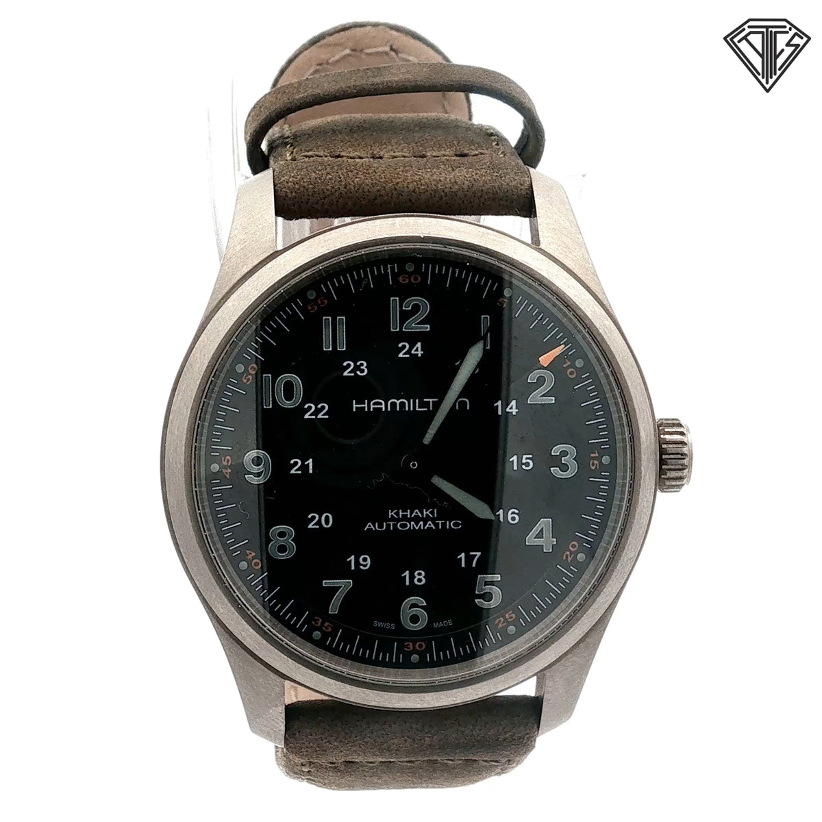 Pre-loved Hamilton Black Dial/ Titanium Casing/ 38mm/ Automatic Movement/ Khaki Field Band  Ref: #H70205830 with Box and Paper