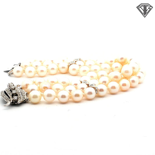 14k White Gold .55ct F VS2 Round Diamond (3) Strand 7mm Cultured Pearl Vintage Bracelet 8"