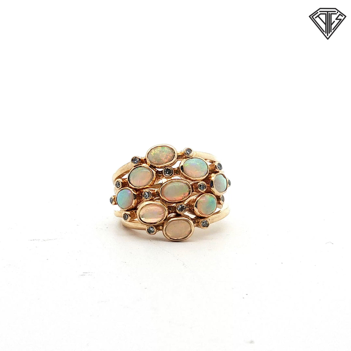 14k Yellow Gold .15ct Single Cuts Round Diamond / (5) Row Oval Shape Opal  Stackable Ring Size 6