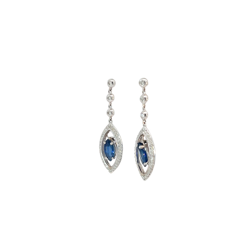 14k White Gold 2.65ct Blue Sapphire AA grade and .35ct G SI1 Round Diamond Drop Earrings