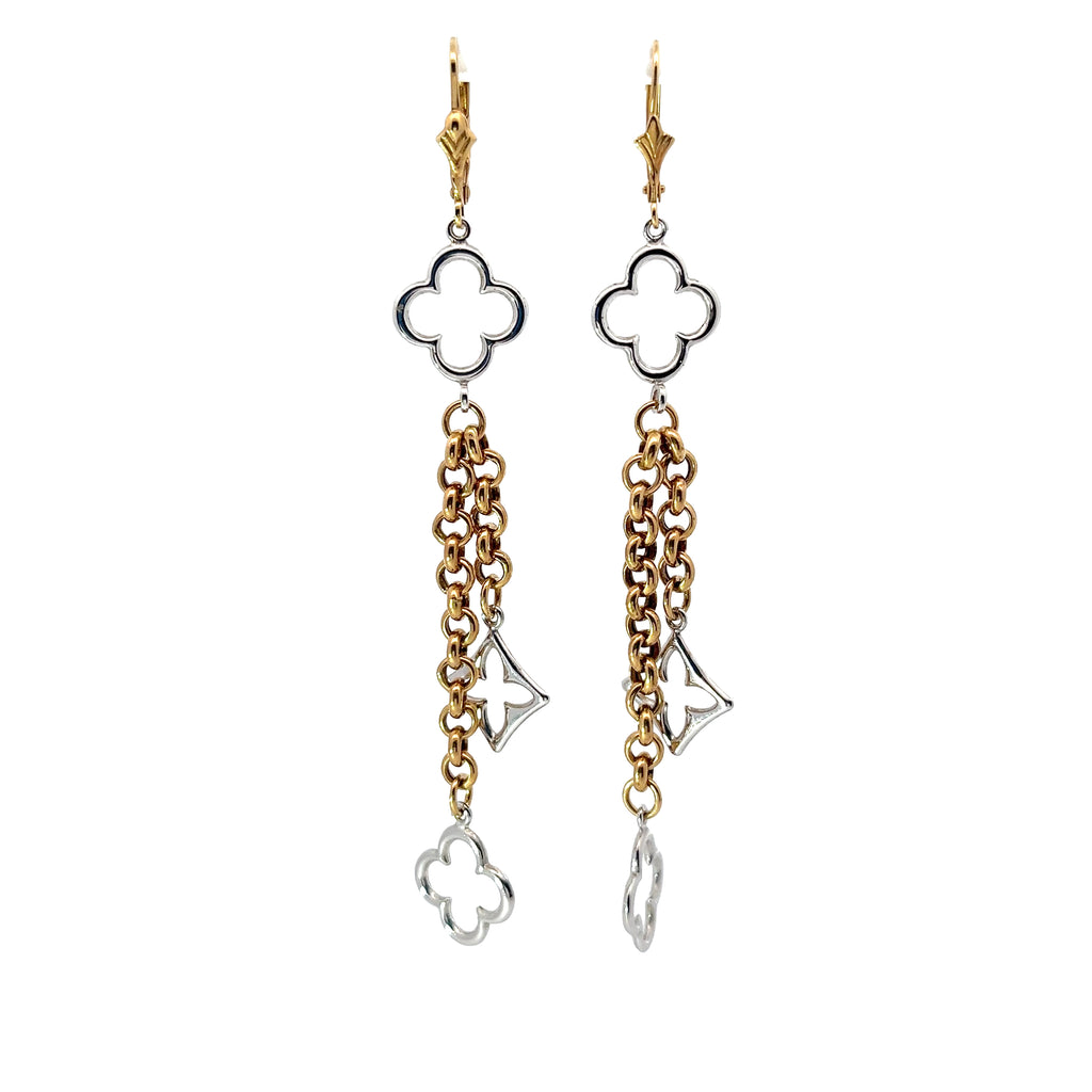 14k Two Toned  Clover Dangle Earrings 3.6 Gram