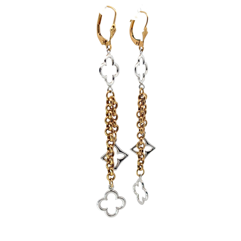 14k Two Toned  Clover Dangle Earrings 3.6 Gram