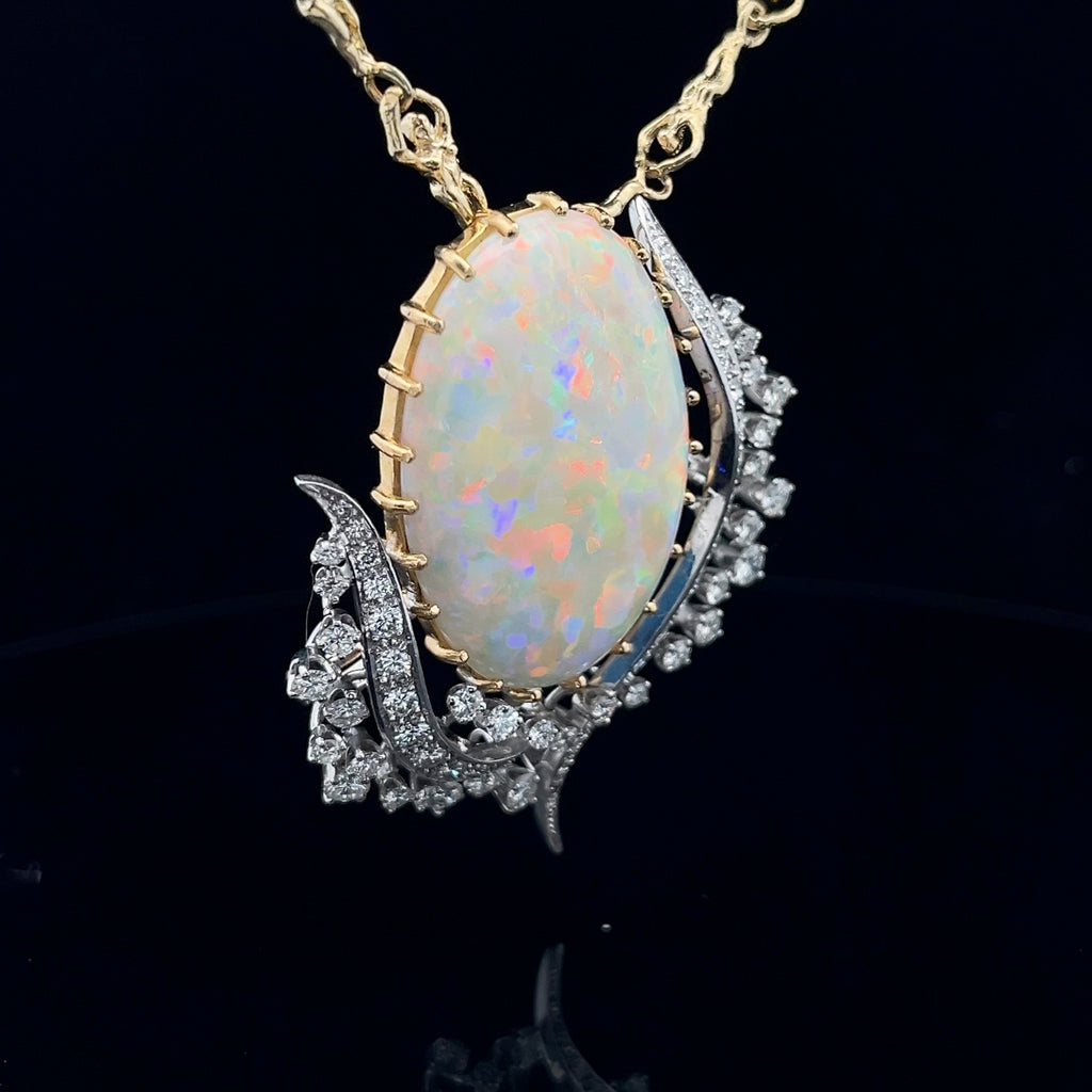 18k Yellow Gold and Platinum 27.28ct Opal and  3.00ct F VS2 Round Diamond Vintage Pin/Pendant Flower Tulip Certified By GIA #5234226978