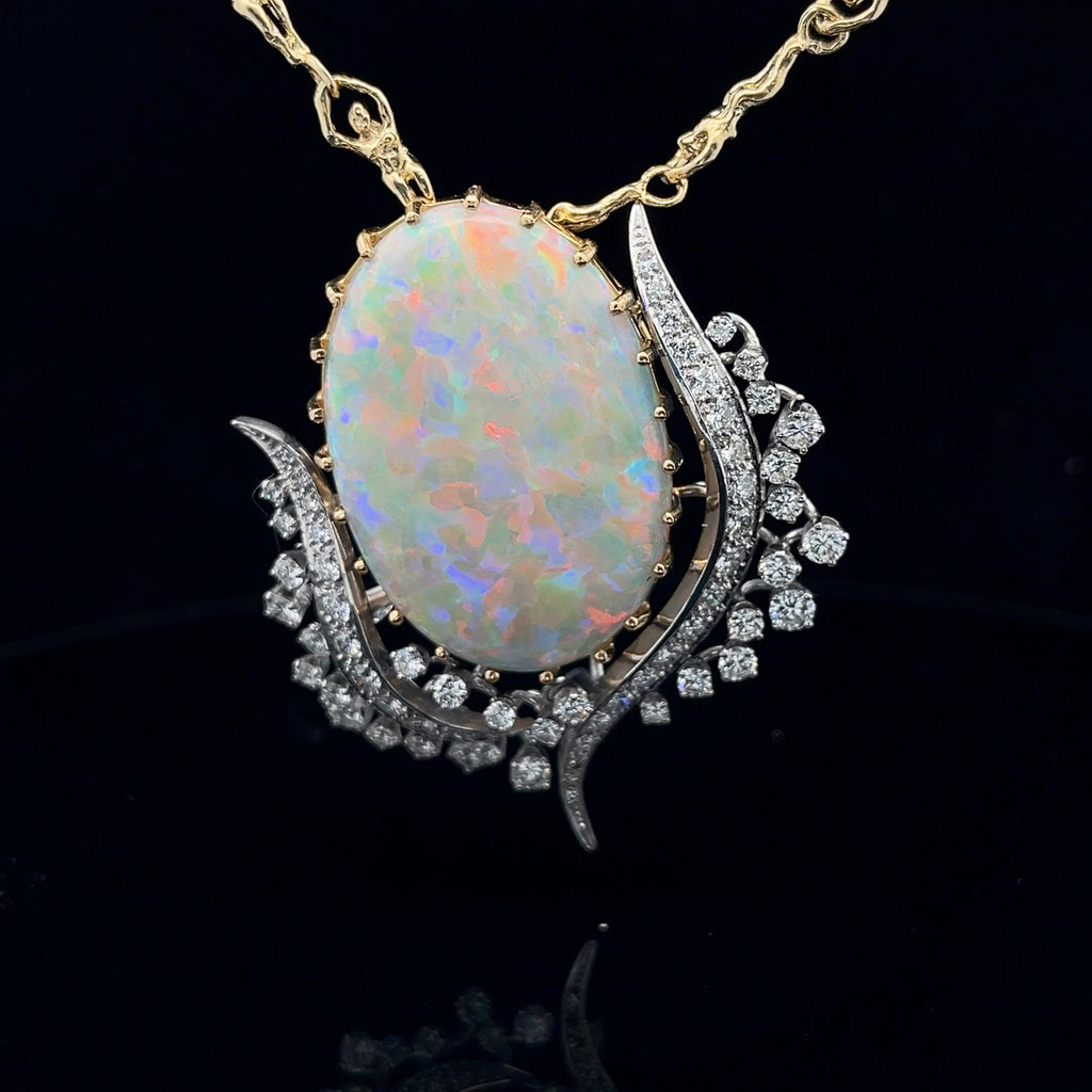 18k Yellow Gold and Platinum 27.28ct Opal and  3.00ct F VS2 Round Diamond Vintage Pin/Pendant Flower Tulip Certified By GIA #5234226978