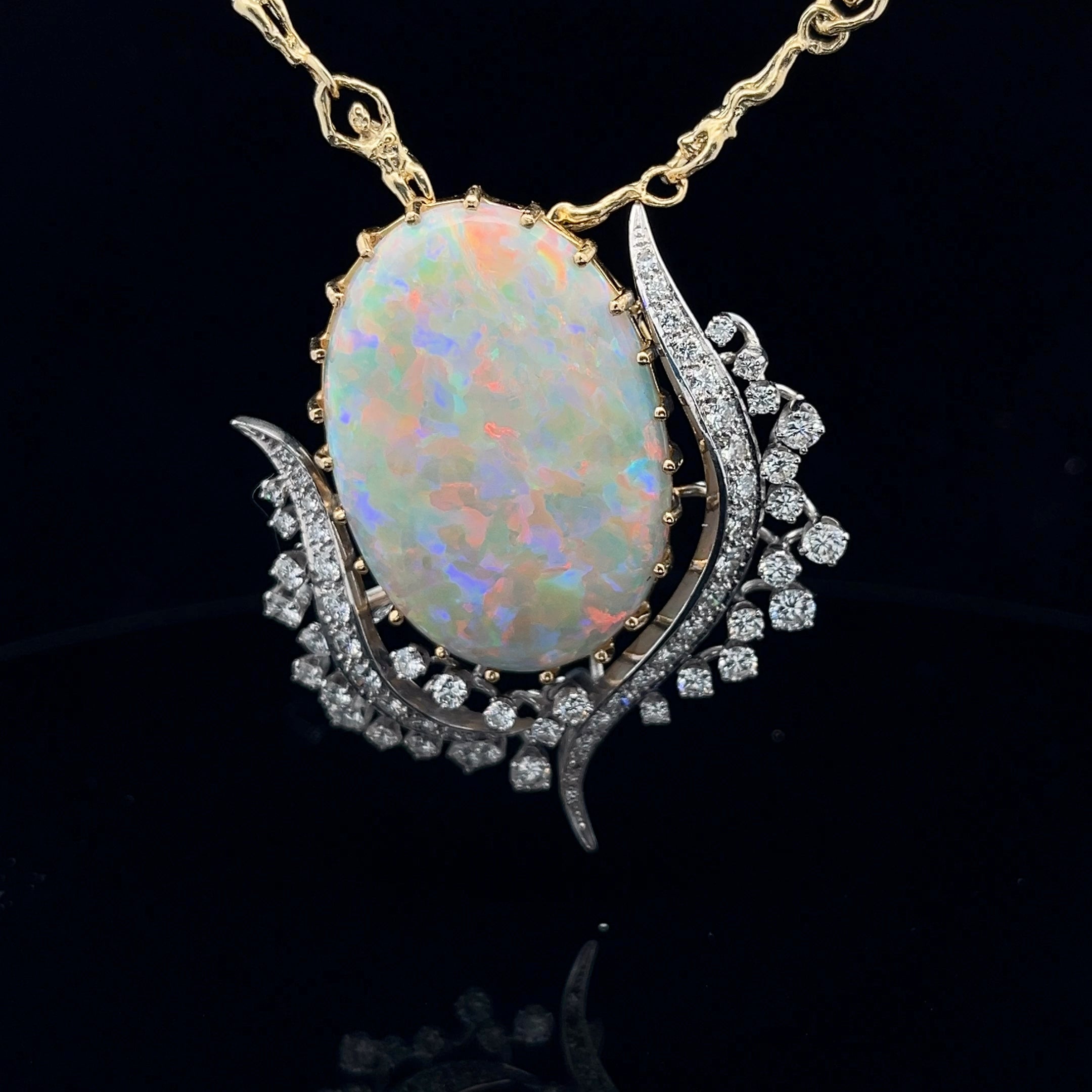 18k Yellow Gold and Platinum 27.28ct Opal and  3.00ct F VS2 Round Diamond Vintage Pin/Pendant Flower Tulip Certified By GIA #5234226978