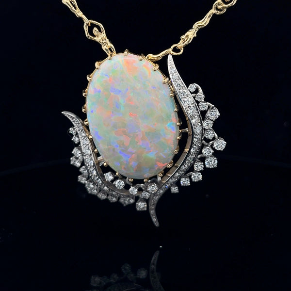 18k Yellow Gold and Platinum 27.28ct Opal and 3.00ct F VS2 Round Diamond Vintage Pin/Pendant Flower Tulip Certified by GIA #5234226978