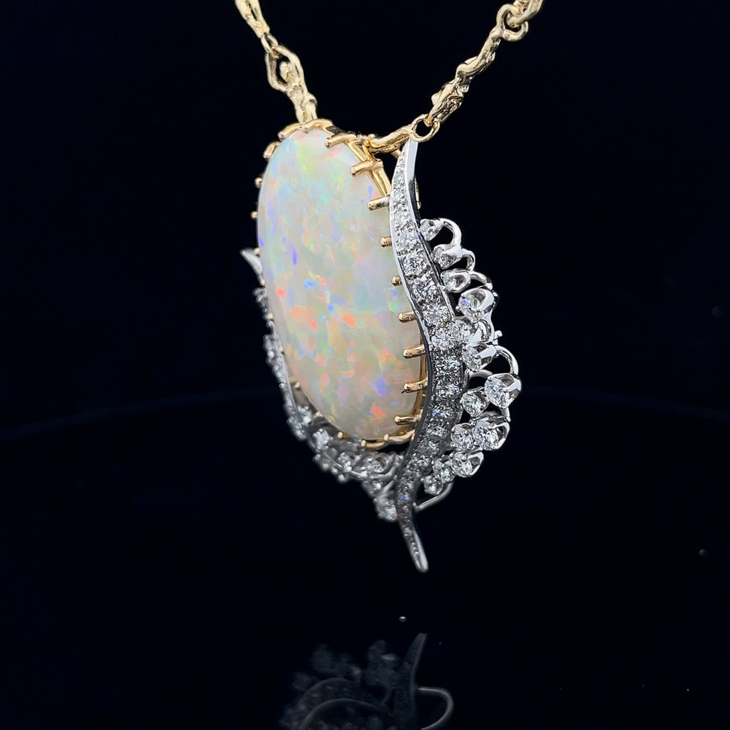 18k Yellow Gold and Platinum 27.28ct Opal and  3.00ct F VS2 Round Diamond Vintage Pin/Pendant Flower Tulip Certified By GIA #5234226978