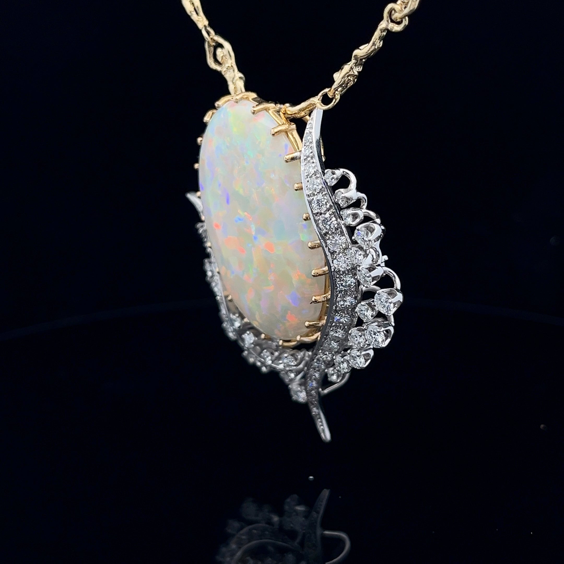 18k Yellow Gold and Platinum 27.28ct Opal and  3.00ct F VS2 Round Diamond Vintage Pin/Pendant Flower Tulip Certified By GIA #5234226978