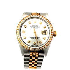 Pre-owned Rolex Unisex Oyster Perpetual Date Just Mother Of Pearl Diamonds Dial with Diamonds Bezel Two-tone model 1601 Watch