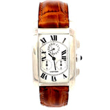 Pre-owned Ladies Cartier 18k White Gold Rectangular Chrono White Dial Brown Strap Watch model 2312