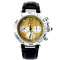 Pre-owned Cartier Unisex Pasha Stainless Black Leather Strap Gold Dial Chrono Watch model 1050-1
