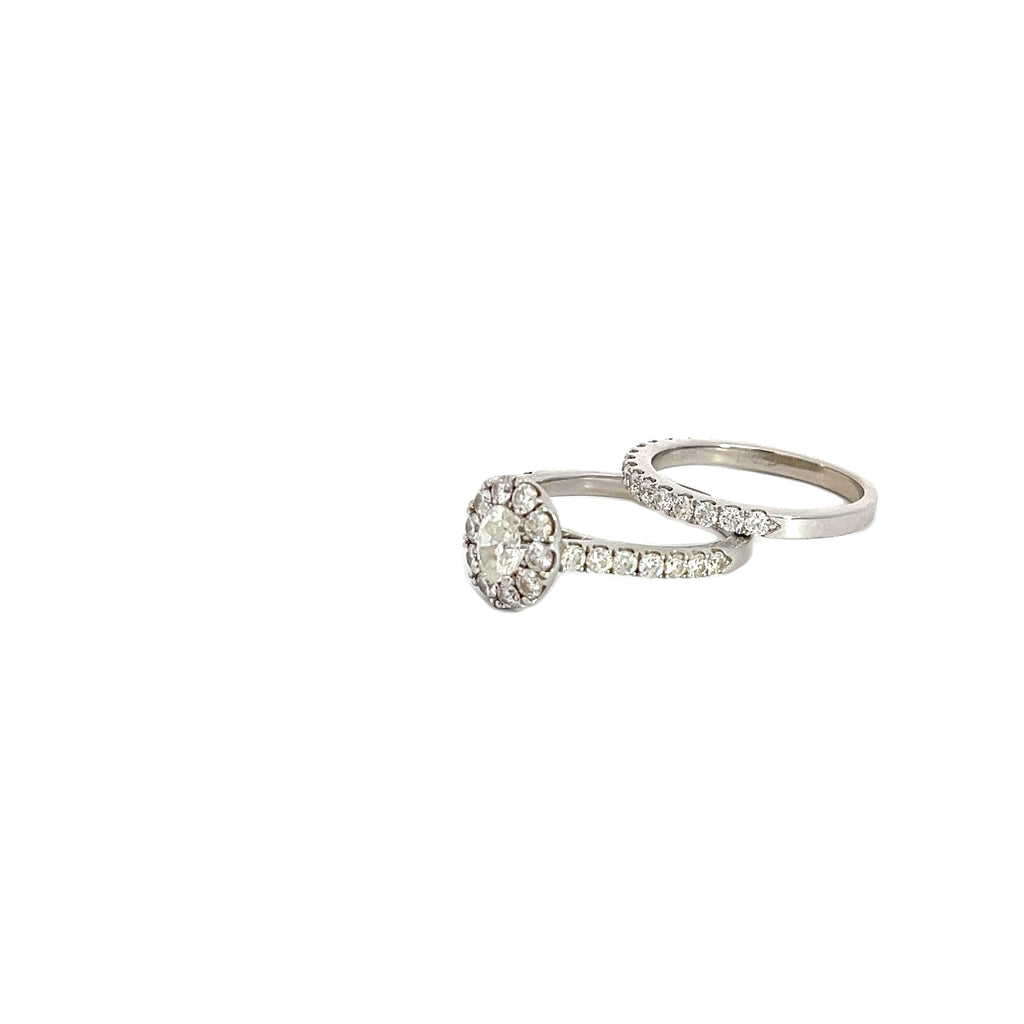 14k White Gold 1.75ct G VS2 Oval Engagement ring with surround by Halo Round Diamond Wedding Band Set