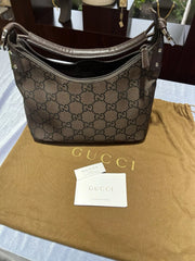 GUCCI GG Nylon Hobo Leather Shoulder Bag Purse in Brown Pre owned