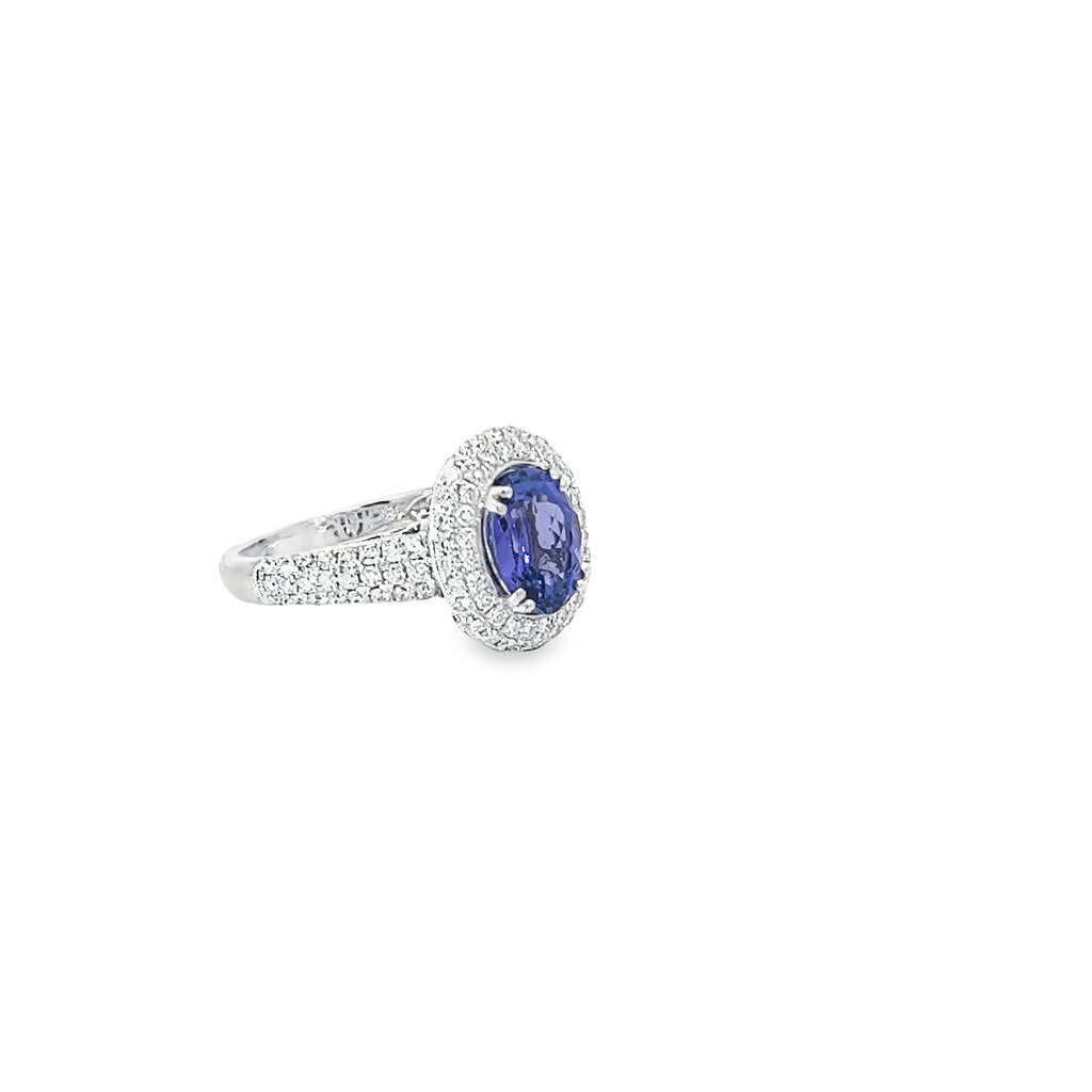 18K WHITE GOLD 2.00ct TANZANITE AA AND 1.00ct F VS2 ROUND DIAMOND PAVE RING