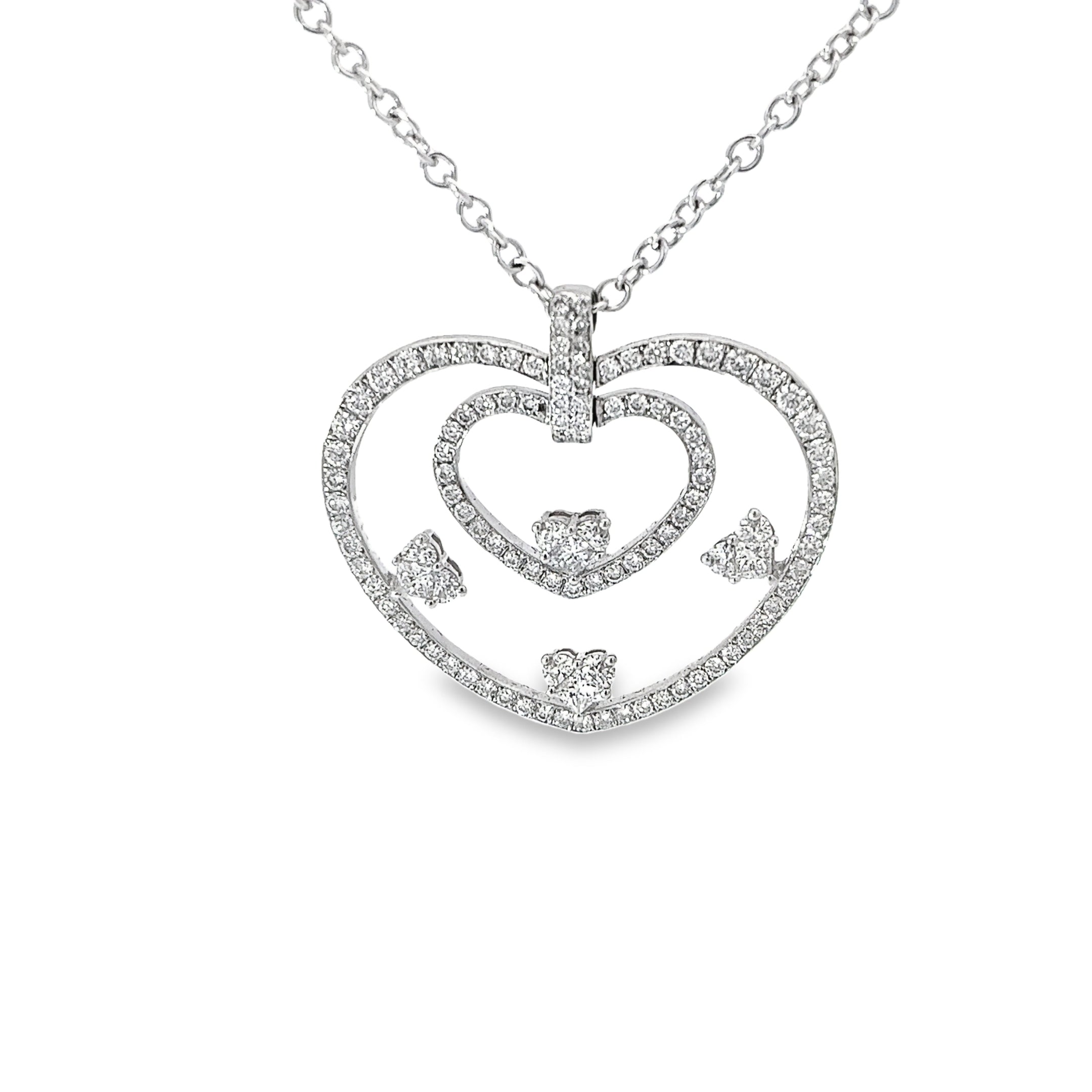 18K White Gold 2.00ct F VS2 Round and Princess Diamond Heart Necklace
