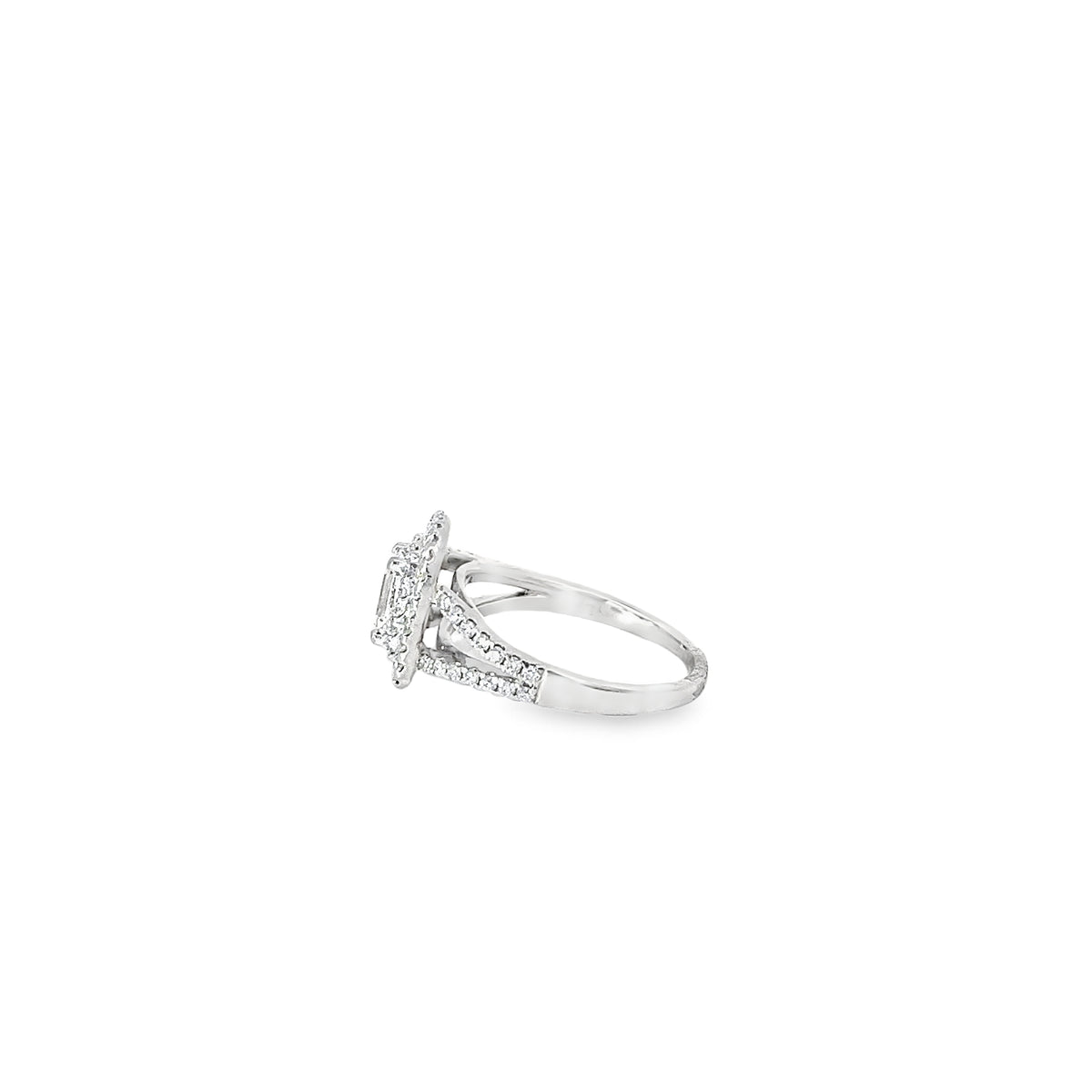 PLATINUM .70CT CENTER EMERALD CUT I VS2 AND .55CT G VS2 DOUBLE HALO SPLIT SHANK ENGAGEMENT RING
