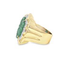18 k yellow gold vintage carved jade and .25ct total weight of f color vs2 clarity 16.9 gram 1 x 3/4 inch ring