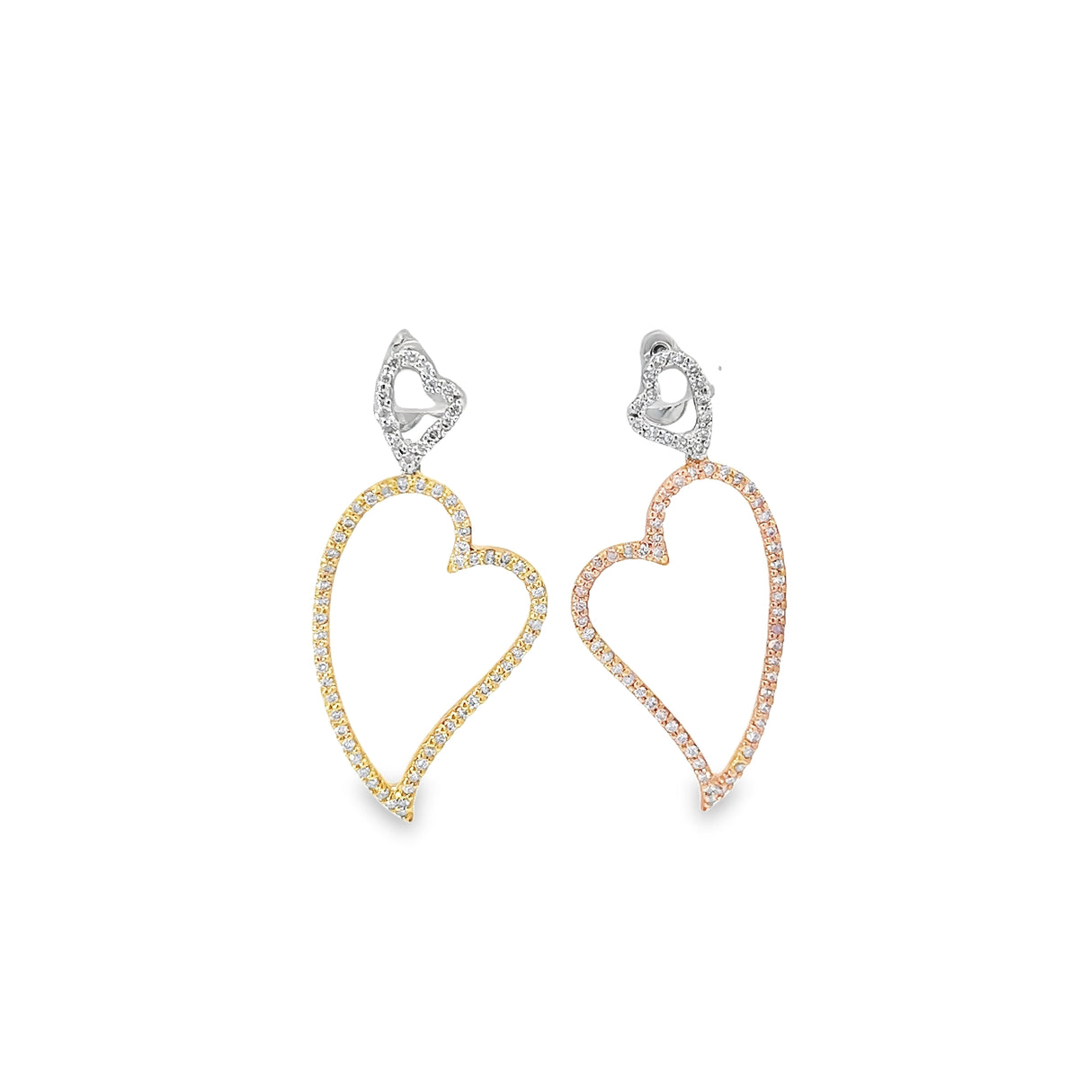 Ladies 18k tri colored diamond heart earrings