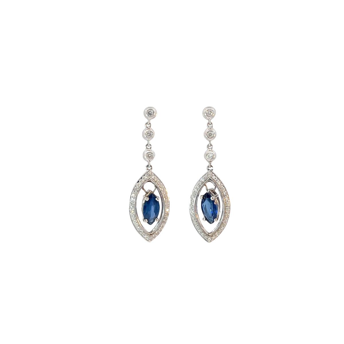 14k White Gold 2.65ct Blue Sapphire AA grade and .35ct G SI1 Round Diamond Drop Earrings