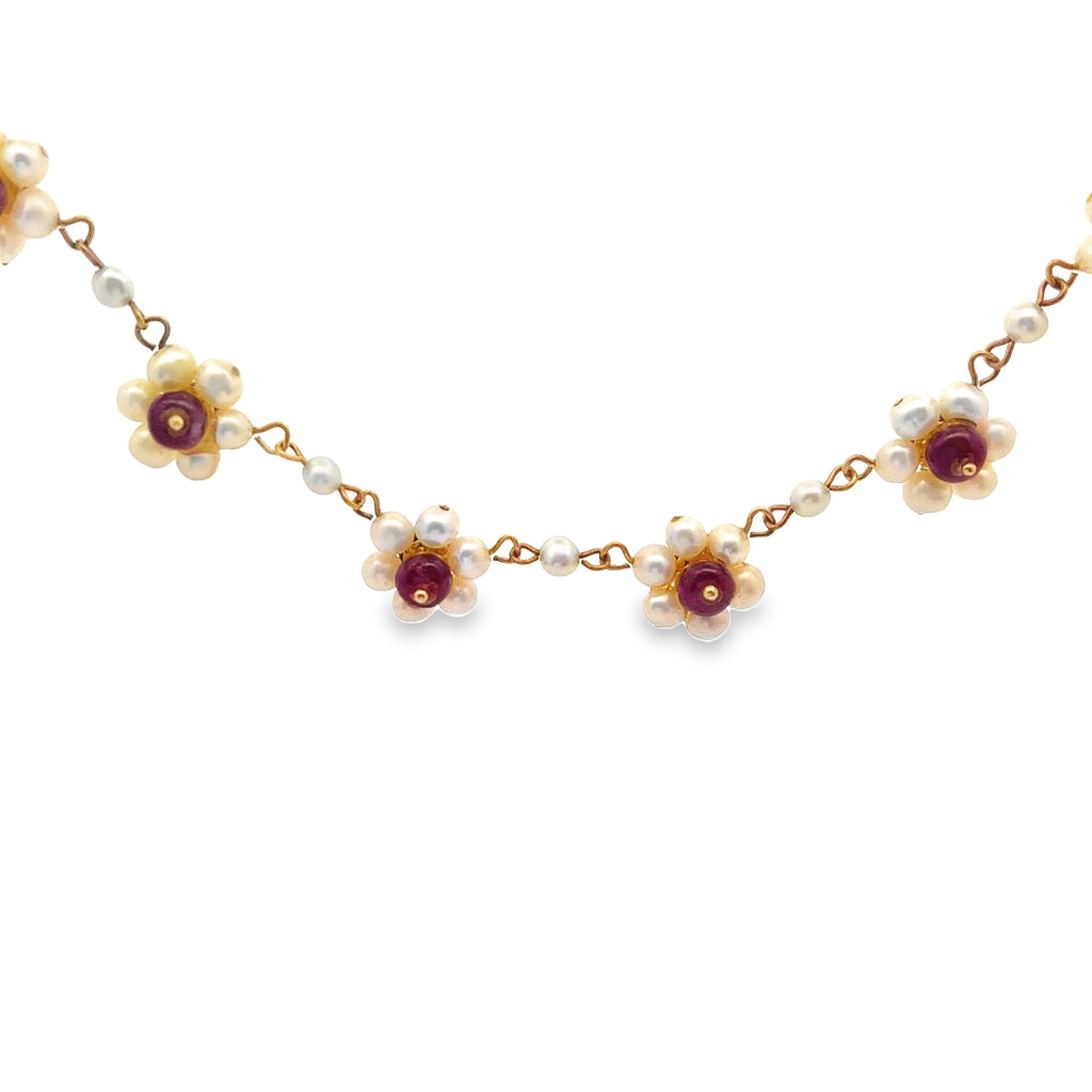 18k Yellow Gold Vintage Pearl & Ruby 2  Station, 120 Pearl and 40 Ruby 16" Choker Necklace