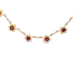 18K YELLOW GOLD VINTAGE PEARL &  RUBY 2 STATION, 120 PEARL AND 40 RUBY 16" CHOKER