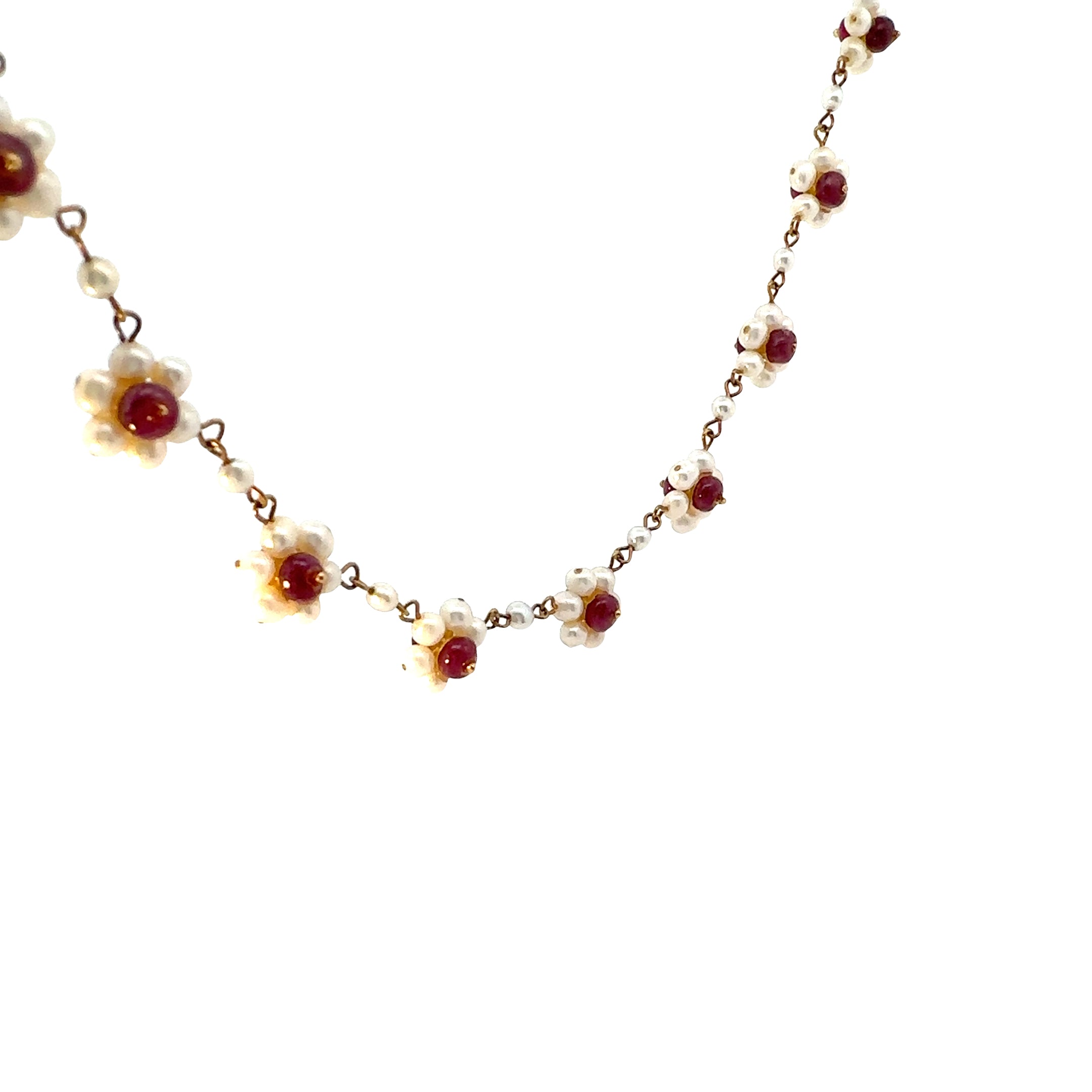 18k Yellow Gold Vintage Pearl & Ruby 2  Station, 120 Pearl and 40 Ruby 16" Choker Necklace