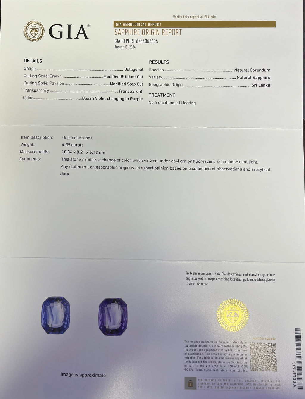 14k White Gold 4.59ct Octagonal Shape Natural Sapphire No Heat Sri Lanka and .58ct G VS2 Round Diamond Ring GIA# 6234363604
