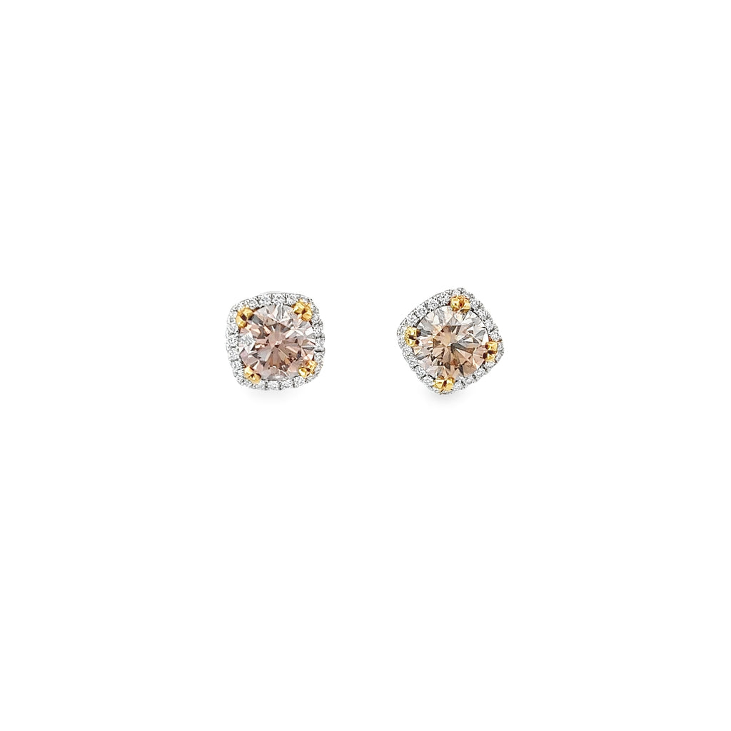 18k White Gold 2.82ct Fancy Yellowish Brown Diamond and .32ct G VS2 Round Halo Studs Earring Certified by GIA #2165509017 and 1162505889