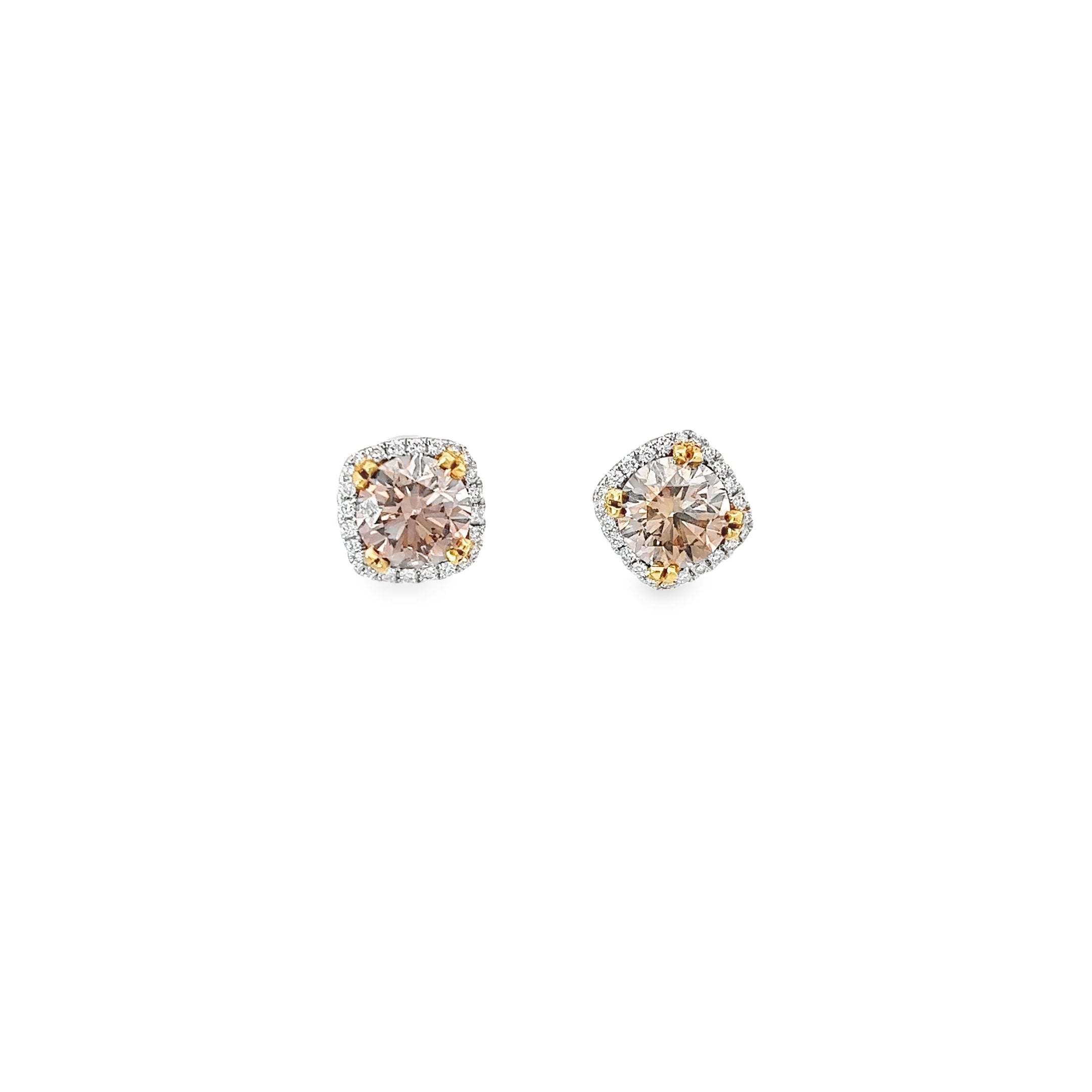 18k White Gold 2.82ct Fancy Yellowish Brown Diamond and .32ct G VS2 Round Halo Studs Earring Certified by GIA #2165509017 and 1162505889