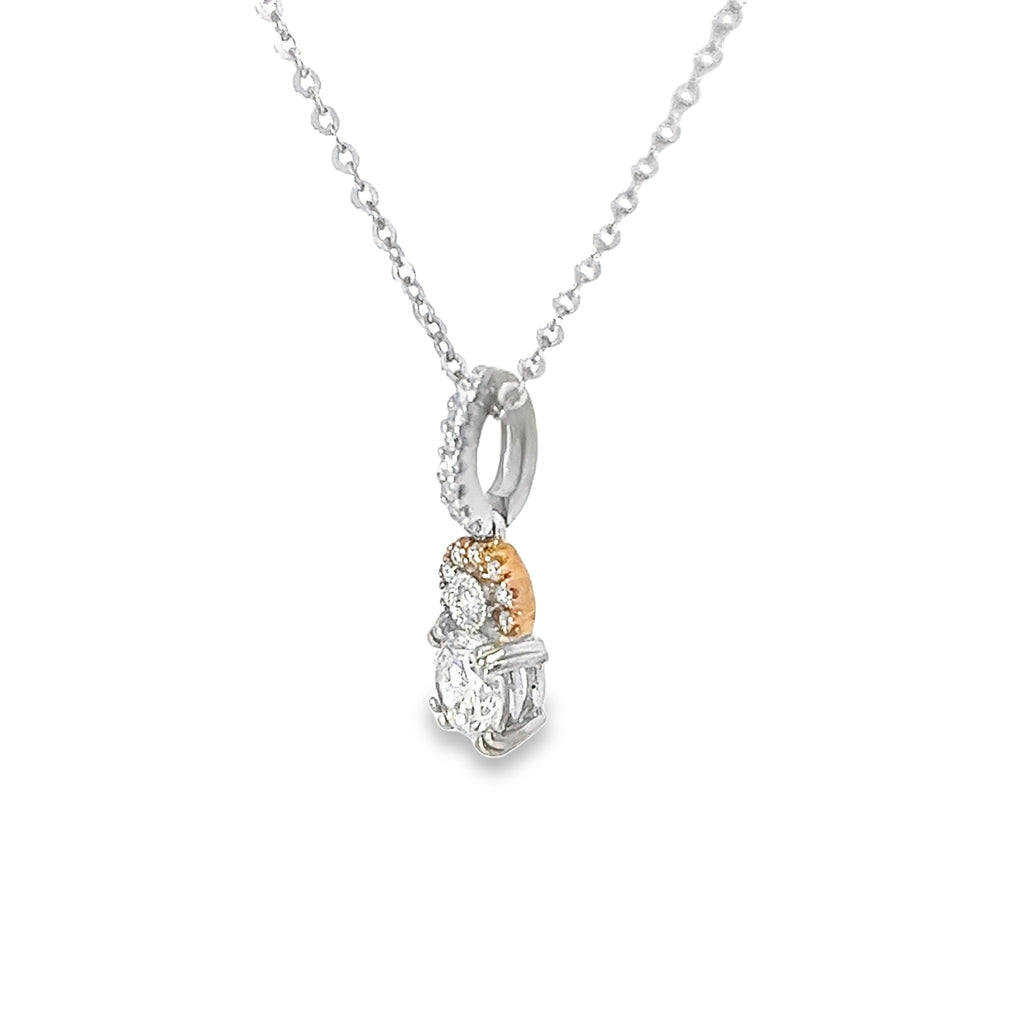 18k Two Tone .54ct G SI1 Center Round Diamond with .18ct F VS2 Round Diamond Halo Drop Necklace