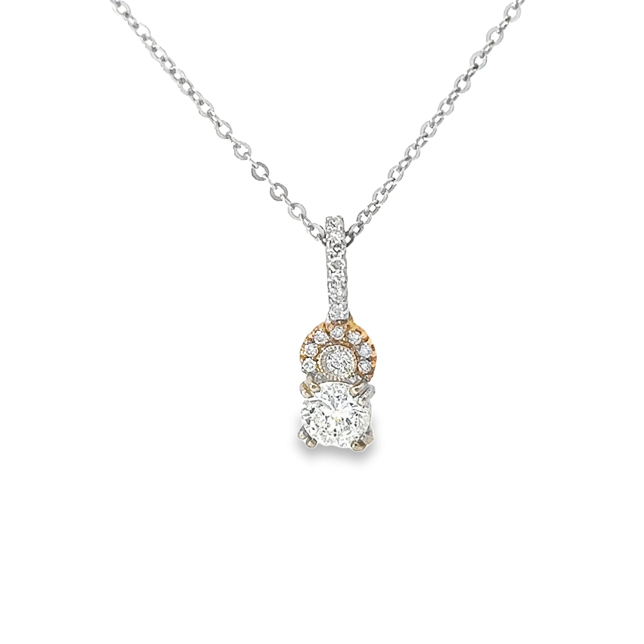 18k Two Tone .54ct G SI1 Center Round Diamond with .18ct F VS2 Round Diamond Halo Drop Necklace
