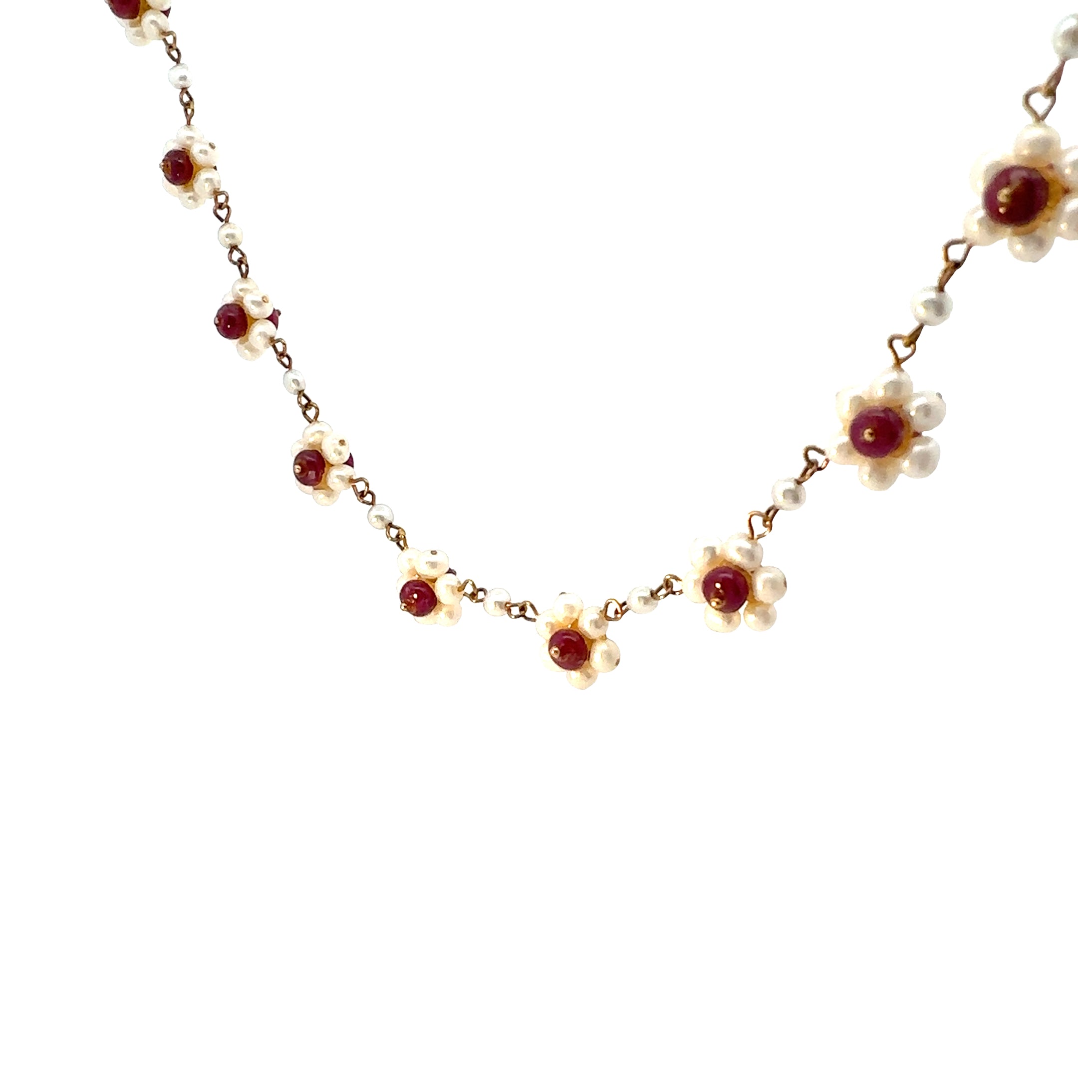18k Yellow Gold Vintage Pearl & Ruby 2  Station, 120 Pearl and 40 Ruby 16" Choker Necklace