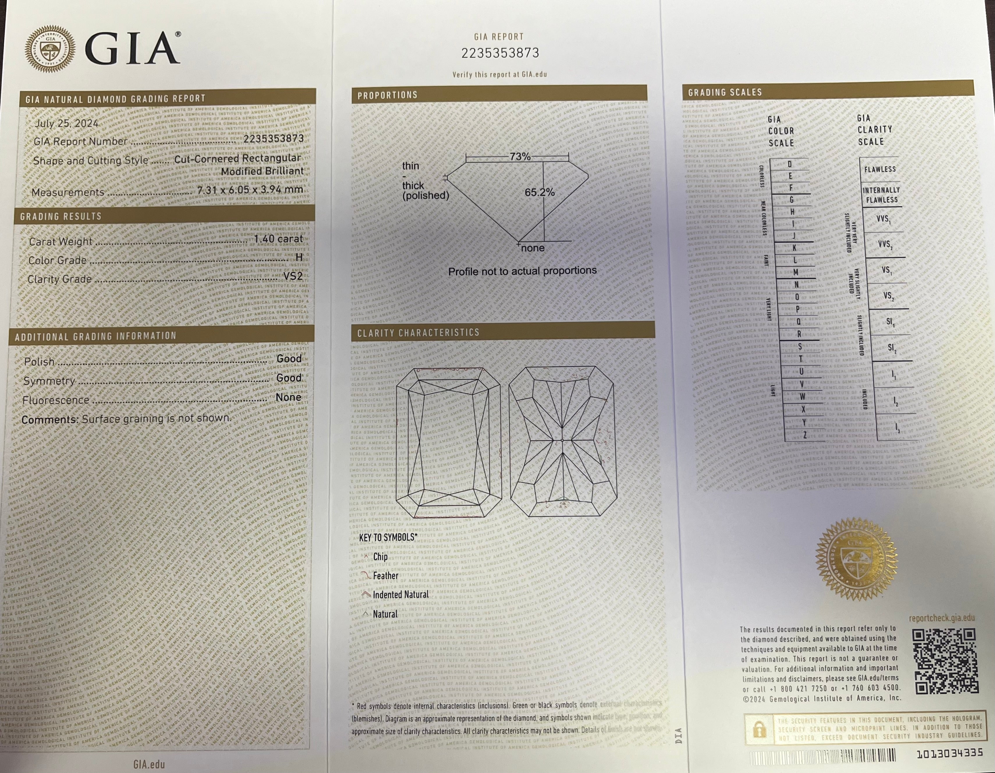14K WHITE GOLD 1.40CT H VS2 RADIANT DIAMOND ALONG THE SIDE .75CT F VS2 TRILLON DIAMOND CERTIFIED BY GIA #2235353873