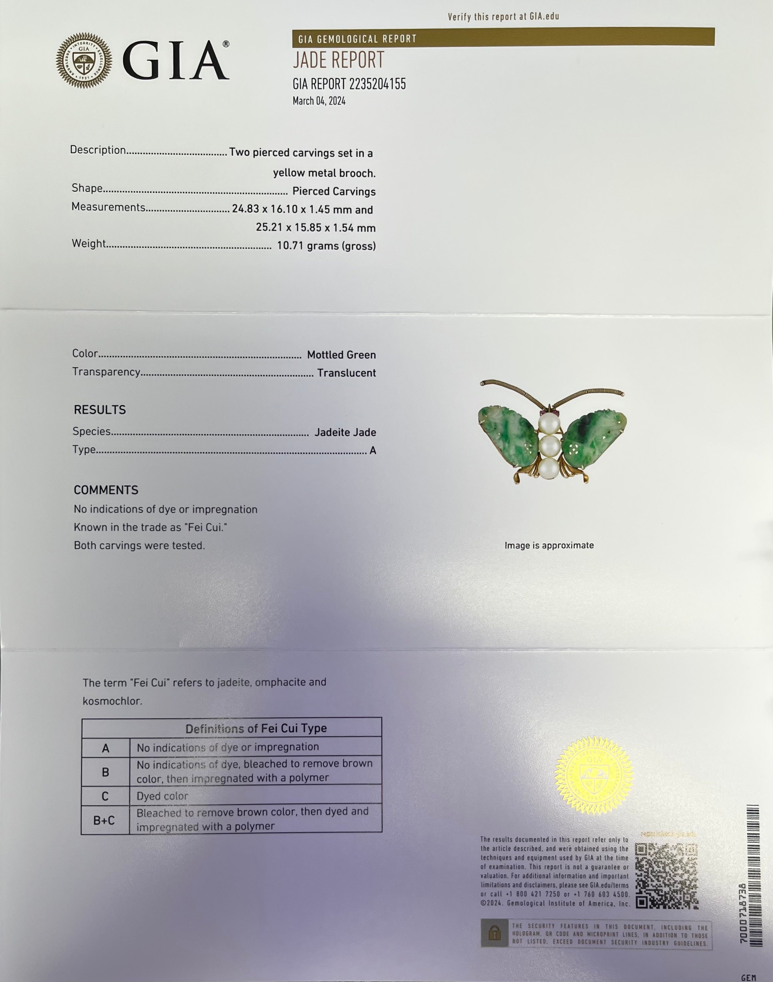 14K  YELLOW GOLD 3 PEARLS, RUBY EYE AND CARVED JADE "FEI CUI" TRANSLUCENT BUTTERFLY , COLOR MOTTLED GREEN , SPECIES : JADEITE JADE AND TYPE  A AND 10.71 GRAMS