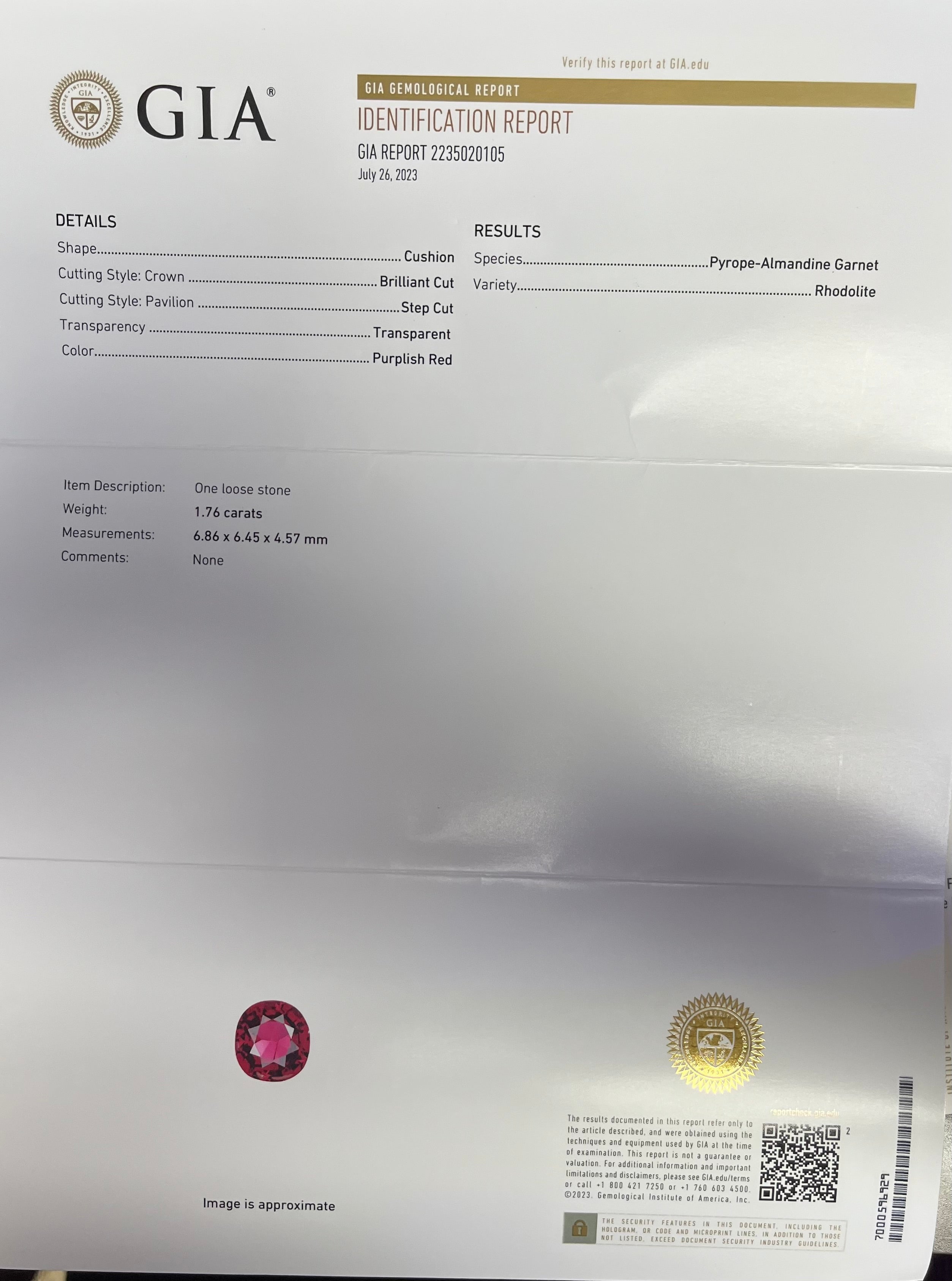 18k White Gold  1.76ct Cushion Rhodolite Garnet  and .75CT G VS2 Round Diamond Ring Certified By GIA#2235020105