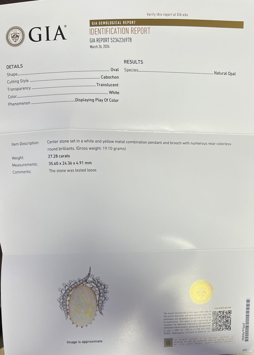 18k Yellow Gold and Platinum 27.28ct Opal and  3.00ct F VS2 Round Diamond Vintage Pin/Pendant Flower Tulip Certified By GIA #5234226978