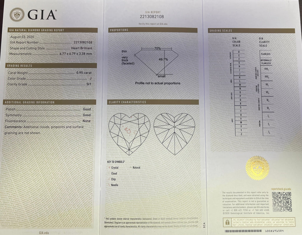 GIA certified heart shaped diamond .95CT J SI1