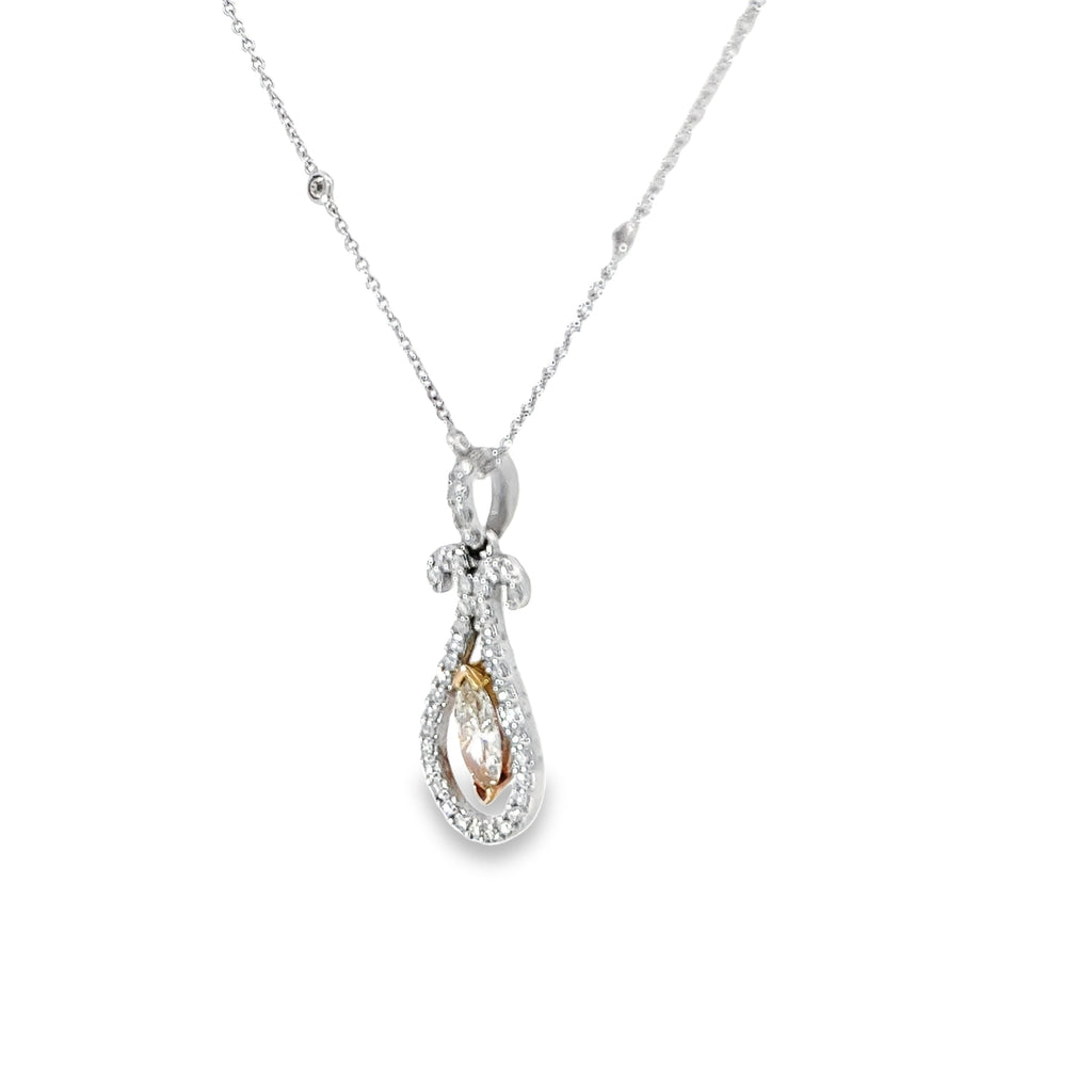 14k Two Toned  .62ct Marquise Shape Champagne and .50ct G VS2 Round Diamond Pendant / Chain Sold Separated