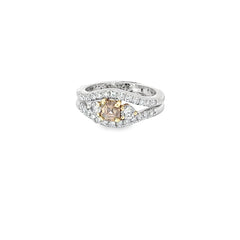 18k white Gold .70ct  Natural Fancy Dark Orange Brown  Cushion Shape Diamond and .75ct F VS1 / G VS2 Round Diamond along Engagement ring