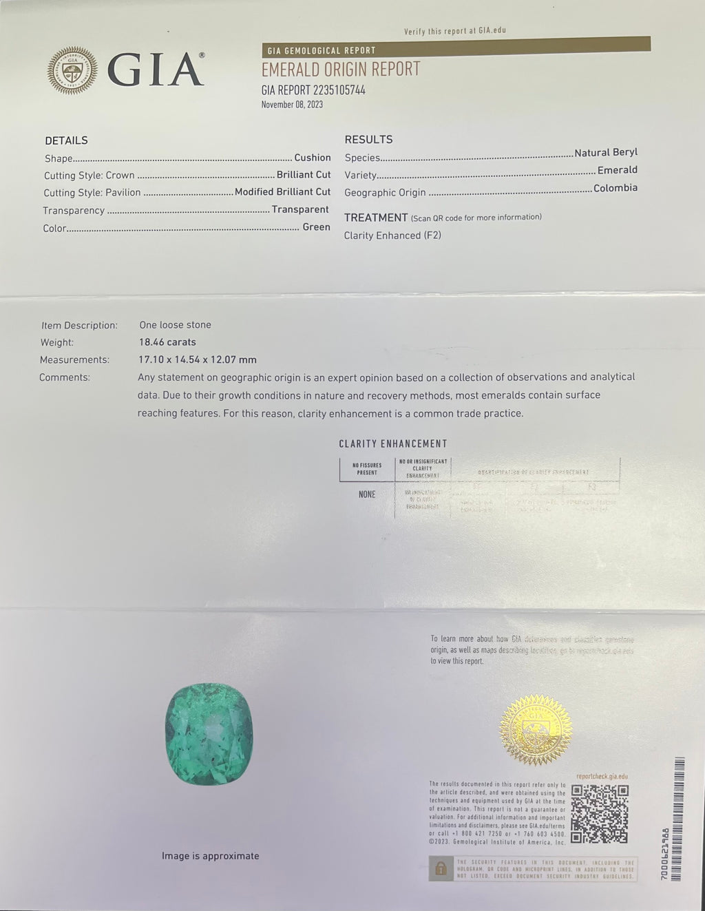 18.46CT CUSHION GREEN COLOMBIA EMERALD