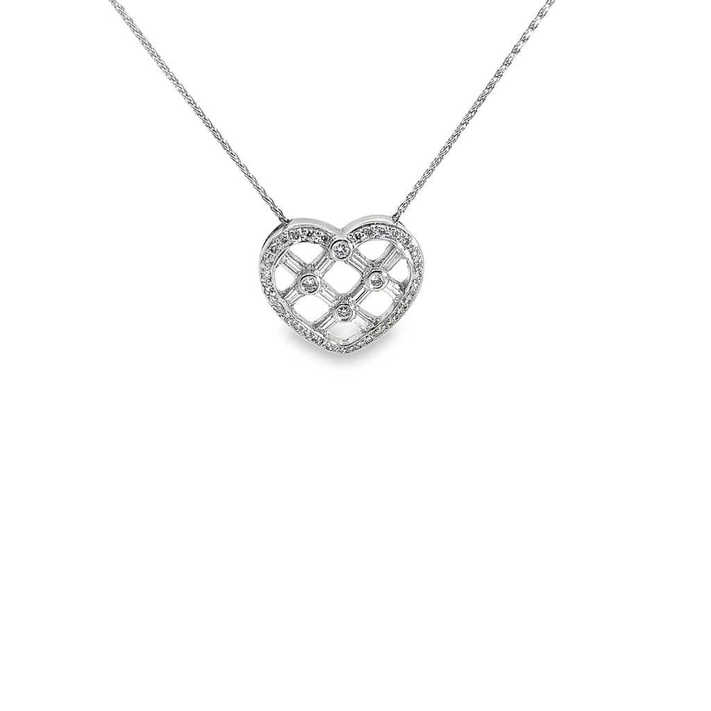 Platinum 1.13ct F VS2 Round and Baguette Diamond Heart Necklace