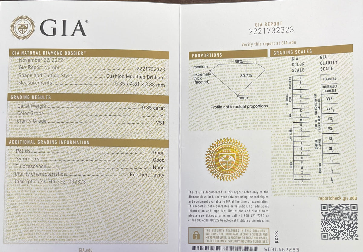 0.85ct H VS1 Cushion Loose Diamond Certified by GIA #2221732323